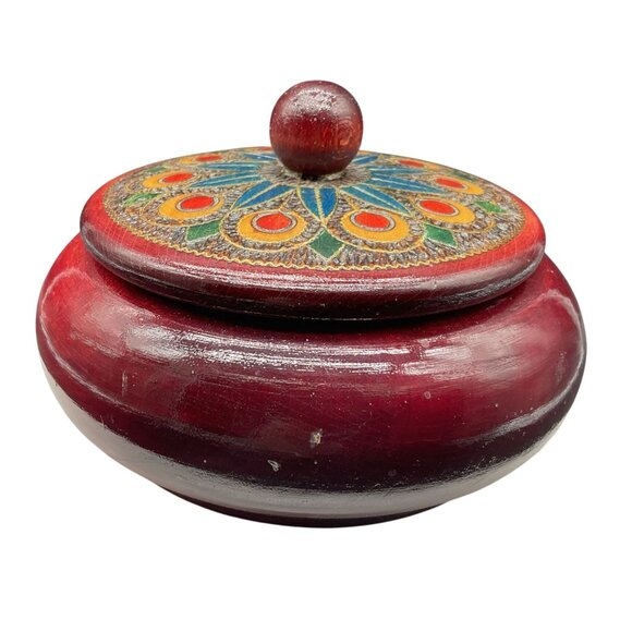 Hand Painted & Carved Red Wood Lacquered Lidded Bowl 3"H x 5"D - Picture 5 of 7